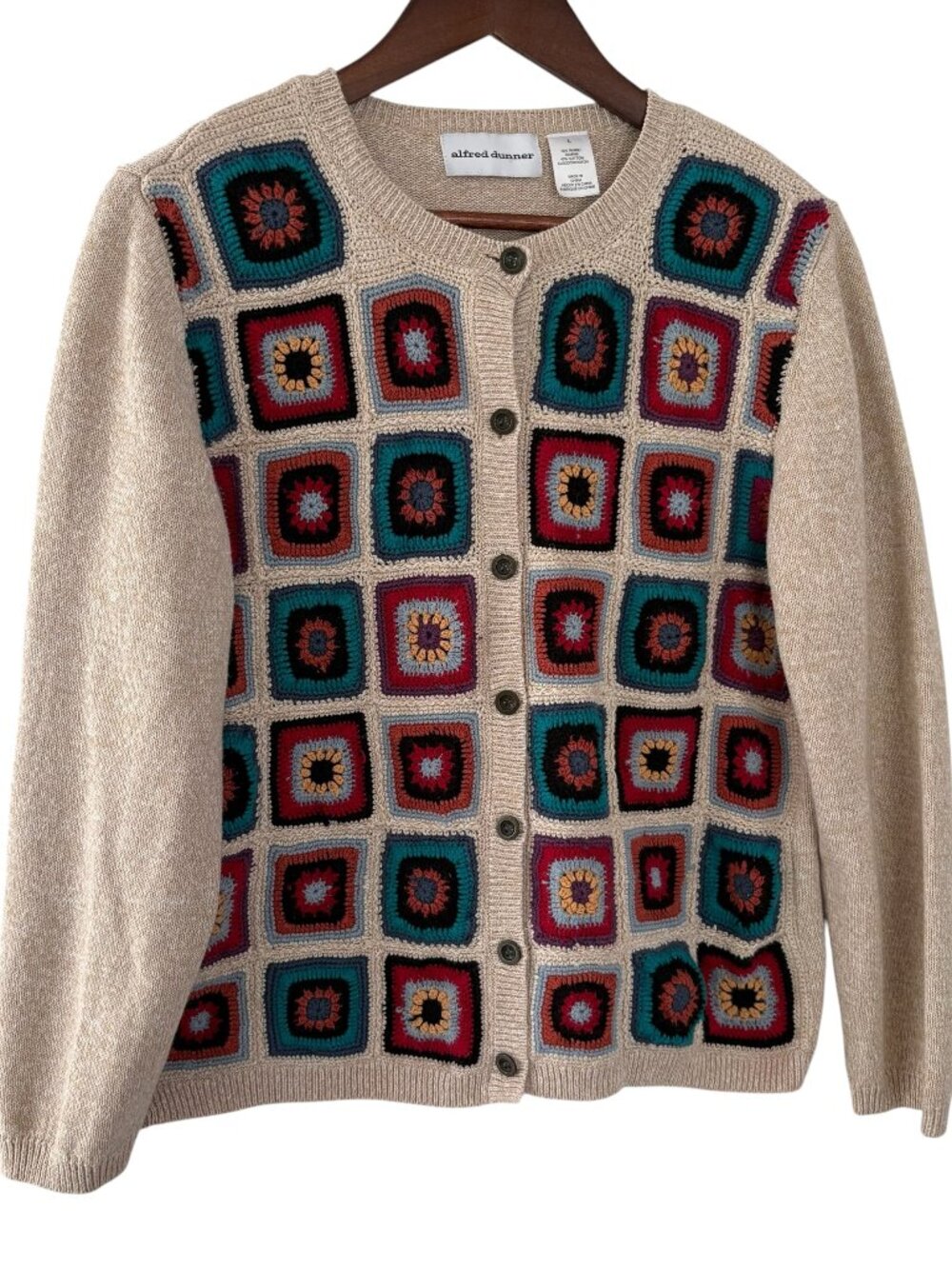 Vtg 90s Alfred Dunner Cardigan Sweater L Beige Crochet Granny Square Cottagecore